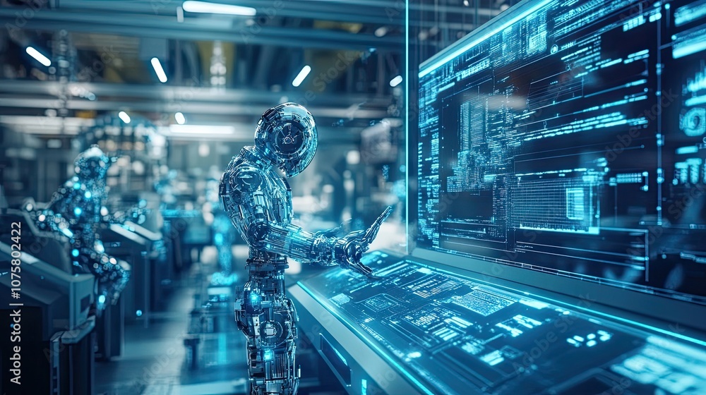 Poster futuristic robot interacting with a digital interface in an industrial setting