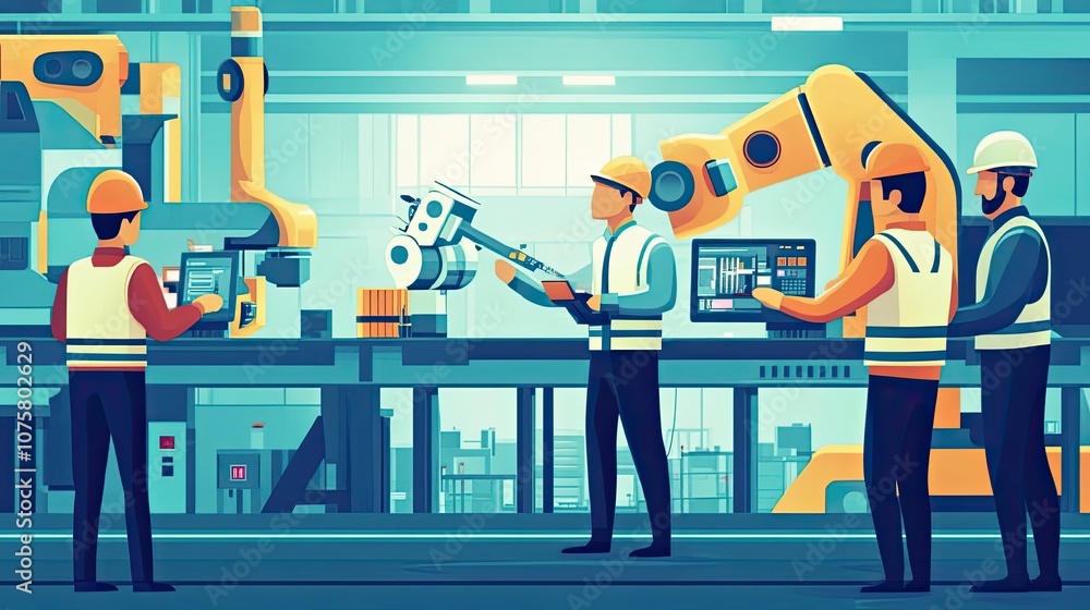 Poster workers in a factory monitoring an industrial robot arm