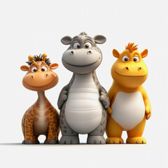 Fototapeta premium Playful Illustrations of Adorable Cartoon Animals Ideal for Wildlife and Safari Themes, Featuring a Giraffe, Hippopotamus, and Dragon Character Design