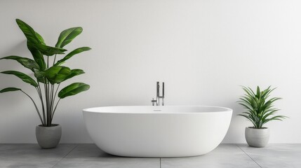 Fototapeta premium Modern Minimalist Bathroom Interior Design with Freestanding Bathtub and Plants
