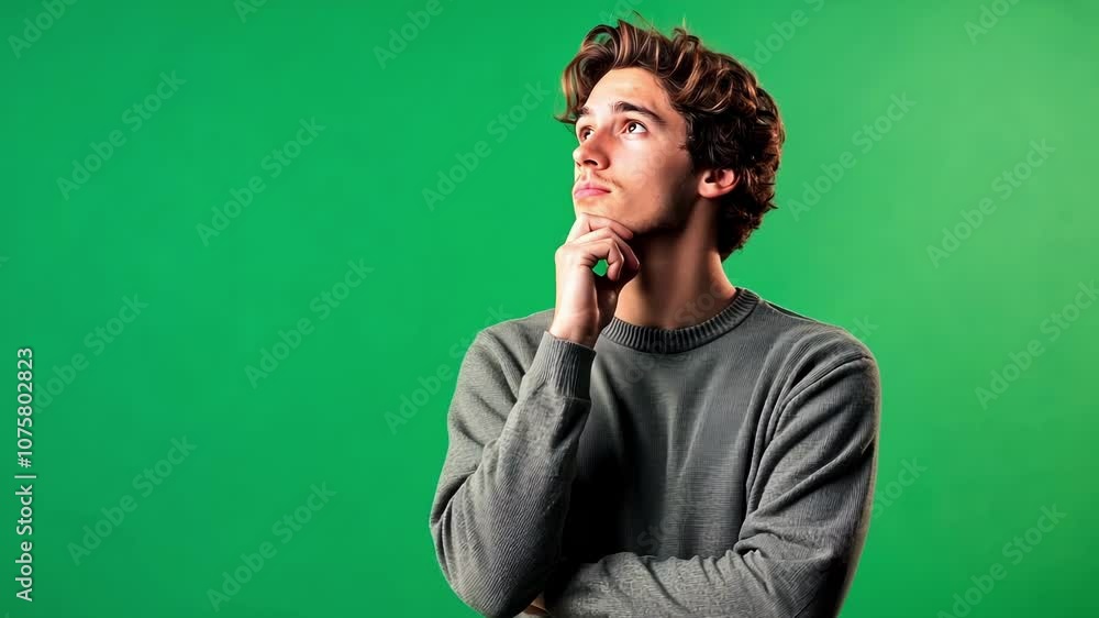 Poster young man stands in front of a green screen, deep in thought, hand on chin, looking up with uncertai