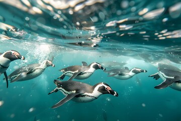 Obraz premium Penguins swimming freely in the ocean, captured in an underwater shot, highlighting their natural grace