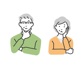 シニア夫婦の考えているポーズのイラスト