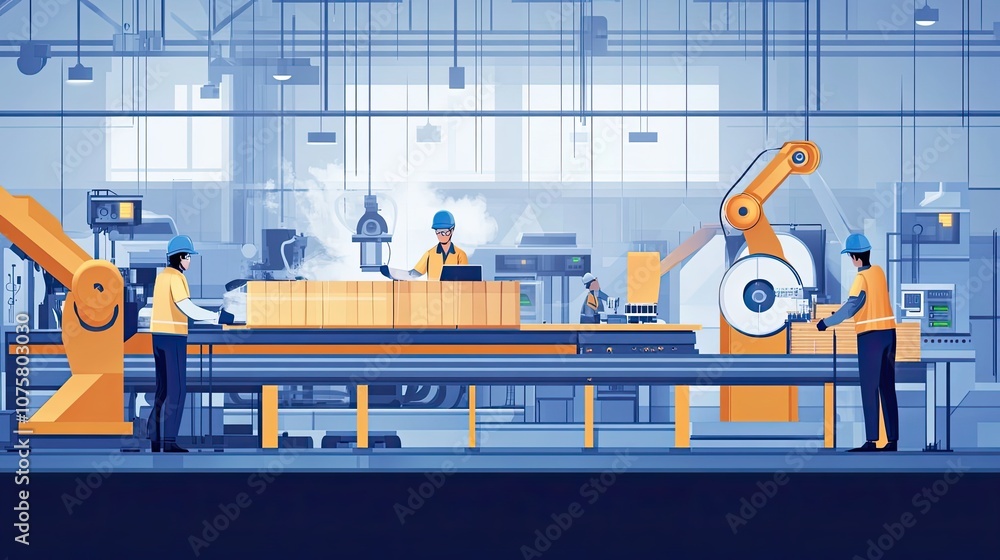 Poster workers and robotic arms operate a factory assembly line.