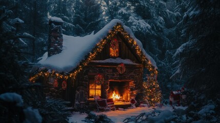 Obraz premium A cozy North Pole cabin, Santa's house, with a roaring