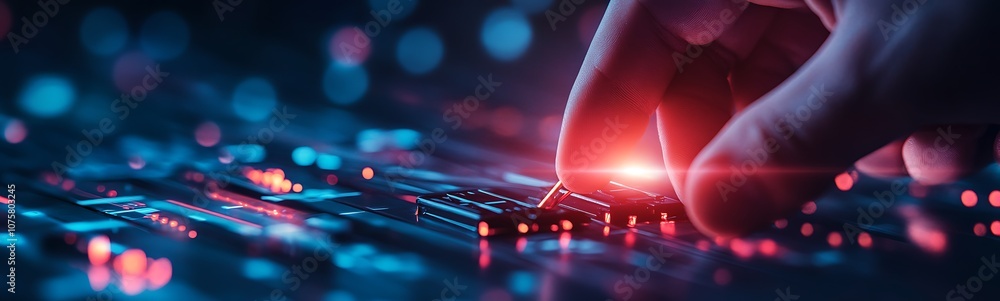 Leinwandbilder A close-up view shows a hand manipulating a circuit board illuminated by vibrant red and blue lights, emphasizing technology and precision.