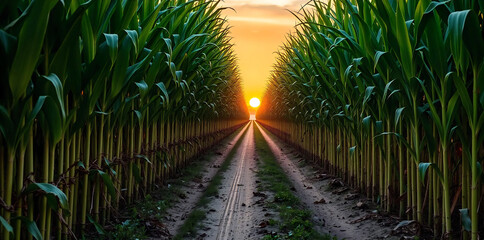 a corn plantation with a clear dirt path running alongside it