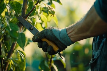 Obraz premium Men's hands Pruning branches on trees, using knives and scissors