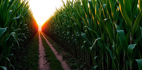 a corn plantation with a clear dirt path running alongside it