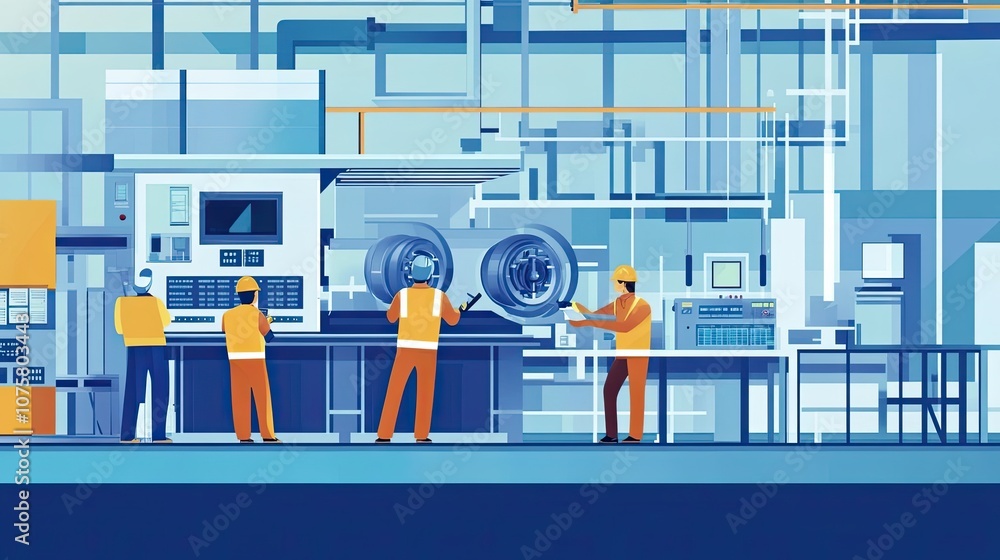 Poster four workers in a factory setting with machinery