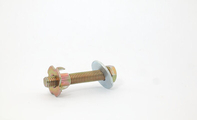 Front view in landscape position of a washer and a tee nut attached to a bolt on a white background. Component part of mechanical or woodworking.