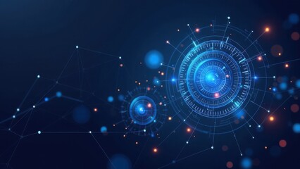 Abstract futuristic digital interface with circular HUD elements on a dark background. High-tech, cybersecurity, artificial intelligence-themed visuals, copy space for design or wallpaper applications