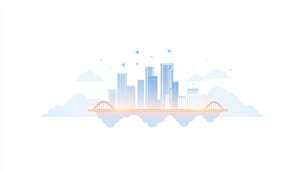 Fototapeta premium Modern skyline illustration with skyscrapers, bridge, clouds, and glimmers of light representing urban life and city atmosphere in a minimalist style