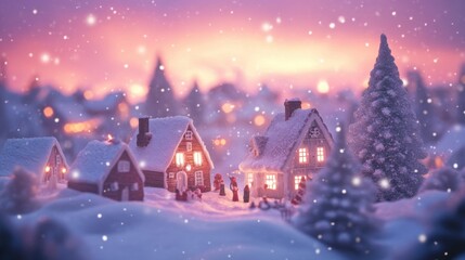 Fototapeta premium A dreamy Christmas village at dawn, with a pink and purple sky