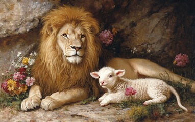 A lion and a lamb peacefully resting together in a cave surrounded by wildflowers.