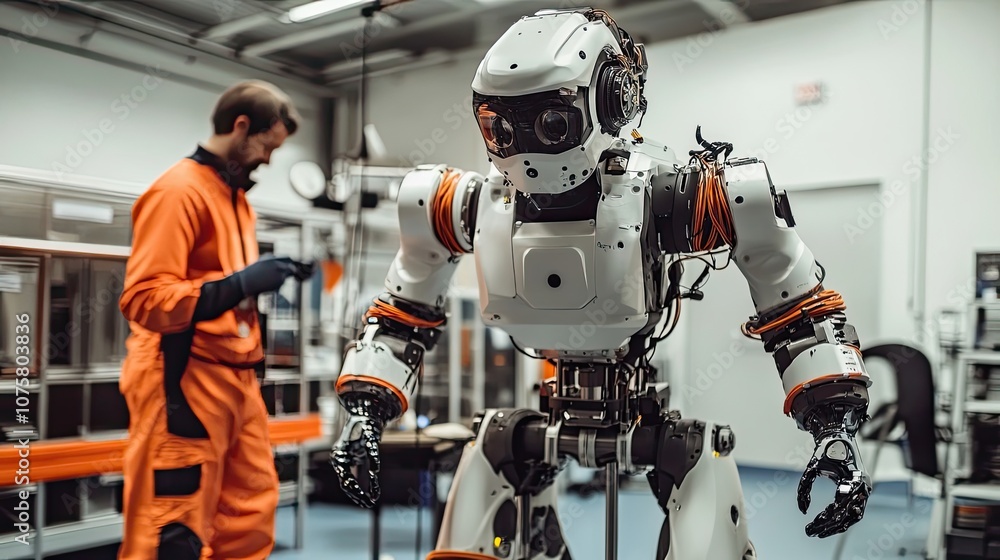 Poster a white robot with orange cables in a laboratory setting