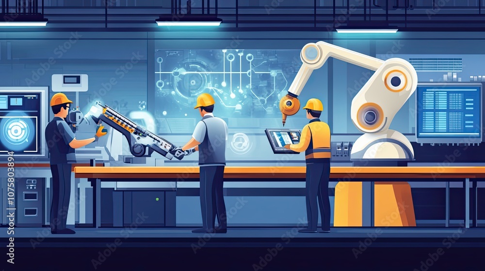 Poster workers operating industrial robot arm in factory setting