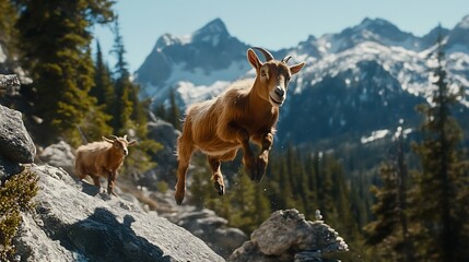 A goat leaps joyfully over rocky terrain with a mountainous backdrop.