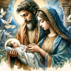 Watercolour Illustration of Maria, Joseph and baby Jesus, family christmas bethlehem birth merry night religion nativity mary holiday christ illustration mother christianity