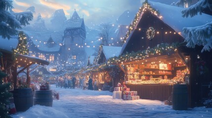 Obraz premium A festive Christmas village marketplace with warmly lit stalls selling