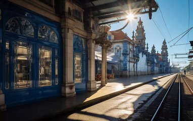 A serene train station with blue accents and sunlight illuminating the empty platform.