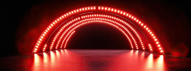 Red led light tunnel on black background.  laser beam corridor for nightclub decoration  futuristic cyber space