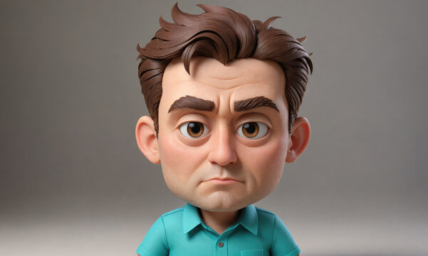 A claymation figure of a man with brown hair and a blue shirt looks directly at the camera with a serious expression