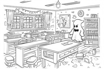 Fototapeta premium A playful classroom scene featuring a friendly ghost amidst scattered papers and books, creating a whimsical atmosphere perfect for kids.