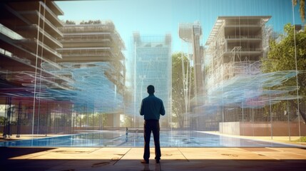 Obraz premium Man Looking at Futuristic Cityscape Through Glass Panel