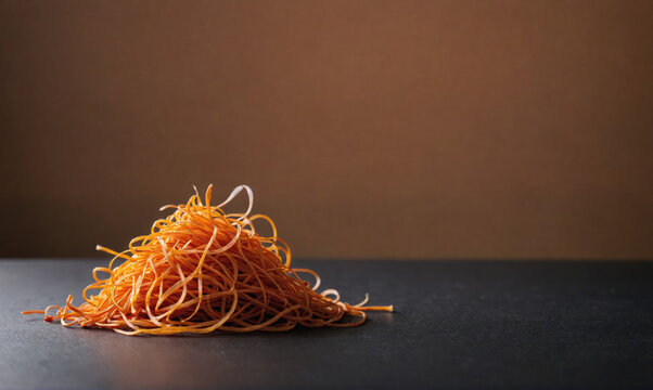 A pile of thin, crispy fried onion strings sits on a dark countertop