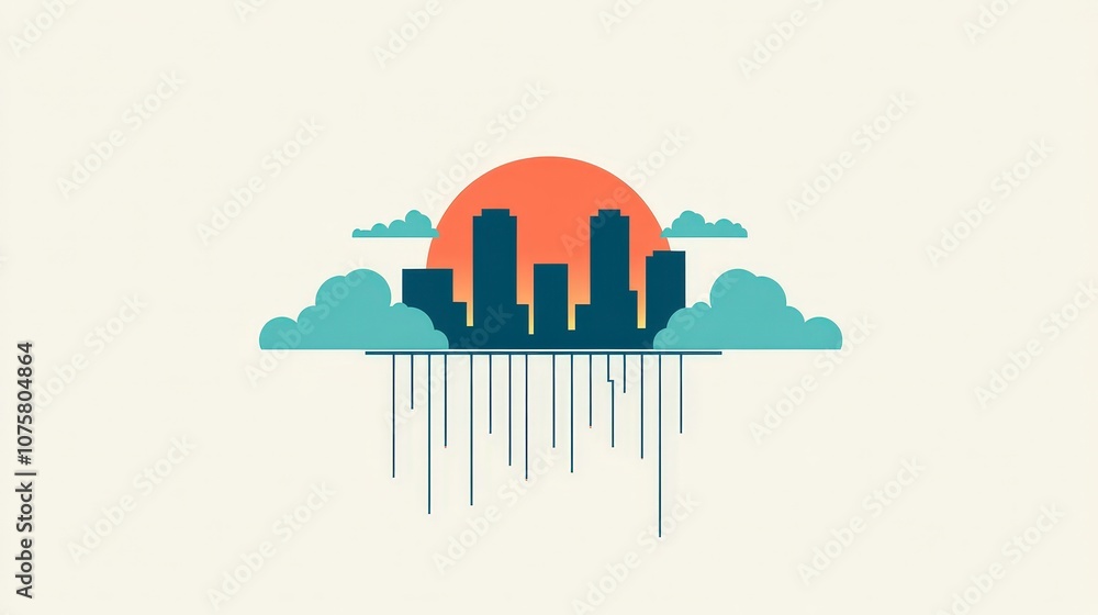 Poster urban skyline silhouette with a vibrant orange sun setting behind clouds, creating a striking visual