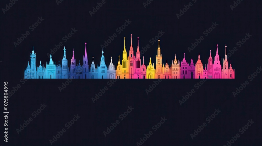 Poster vibrant skyline silhouette in gradient colors featuring various architectural styles in an artistic 
