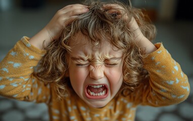 A young child with curly hair is screaming with frustration, holding their head in their hands.