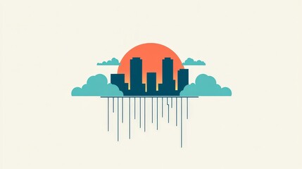 Urban skyline silhouette with a vibrant orange sun setting behind clouds, creating a striking visual of a modern city at twilight in a minimalistic design.