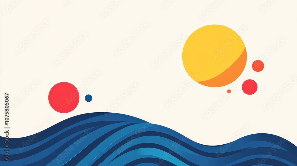 Poster abstract illustration of colorful waves with sun and circles in a minimalist style for modern design