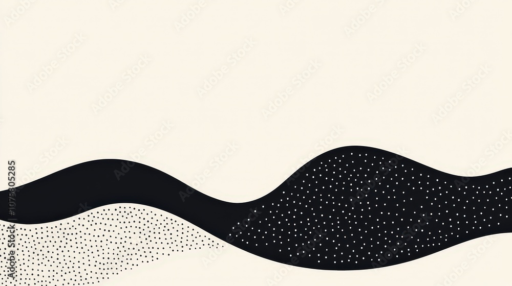 Poster Abstract black and white waves with dotted patterns against a cream background, perfect for minimalist design and artistic themes in modern graphics