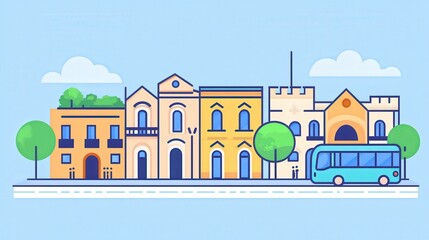 Charming Colorful Cityscape with Cartoon Style Buildings, Trees, Bus and Blue Sky - A Vibrant Urban Environment Illustration for Creativity and Design