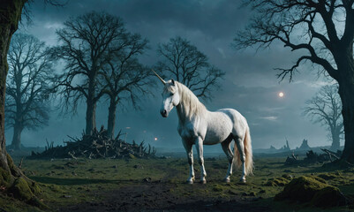 A white unicorn stands in a field, surrounded by bare trees under a cloudy sky