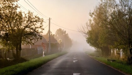 Fototapeta premium The streets in the village are filled with thick fog in the morning