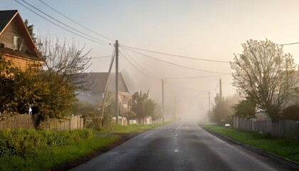 Fototapeta premium The streets in the village are filled with thick fog in the morning, design ai