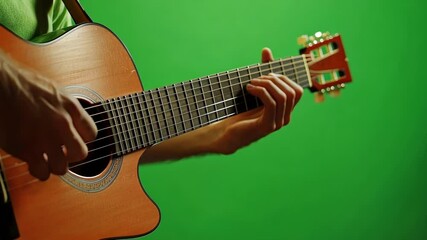 Close up of a musician playing an acoustic guitar with a green screen background, providing a versatile backdrop for music related projects