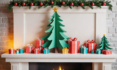 A fireplace mantel decorated with a green paper Christmas tree, a smaller paper tree, and several red and turquoise gifts