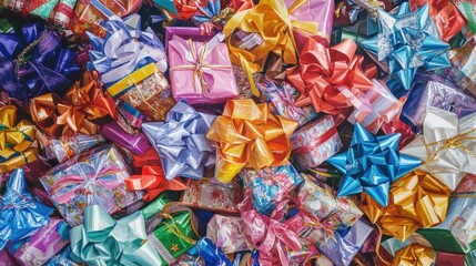 Fototapeta premium A large pile of colorfully wrapped gifts in a variety of shapes
