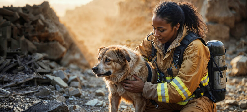 Female African American firefighter and search dog amidst ruins of collapsed buldings, looking for survivors after earthquake or disaster. Rescue operation, finding missing people in destroyed city