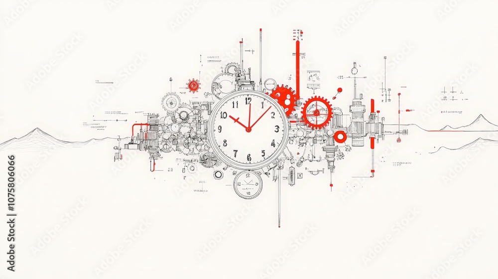 Aufkleber industrial clock design with intricate gear mechanisms, technical drawings, and modern art elements 