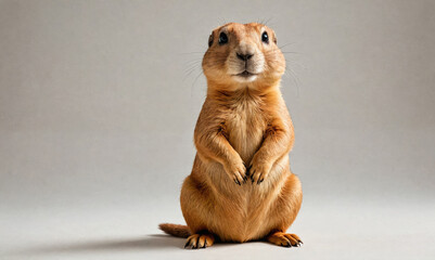 A prairie dog stands tall and stares curiously into the distance