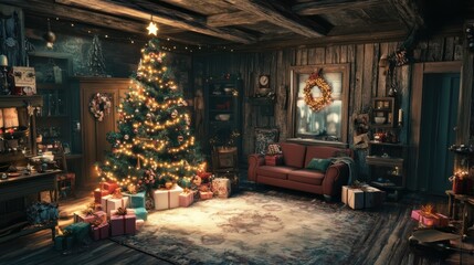 Naklejka premium A living room with rustic charm, featuring a Christmas tree