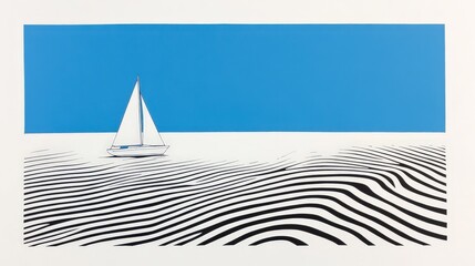 Serene Sailboat on a Patterned Ocean with Clear Blue Sky: A Minimalist Style Design for Tranquil Coastal Scenery and Nature Themes