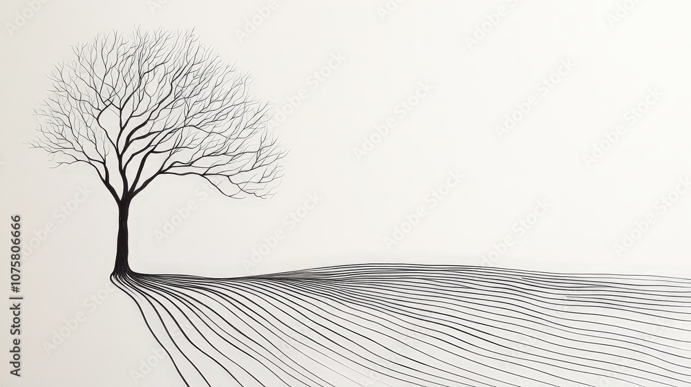 Poster artistic representation of a solitary tree with intricate lines and patterns creating a flowing land