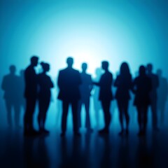 Silhouettes of people standing, business concept, blurred blue background, teamwork and unity